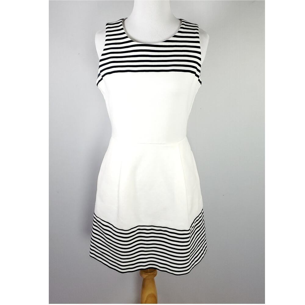 Madewell Verse Striped Fit Flare Mini Day Dress Ponte Knit Black Ivory Sz S